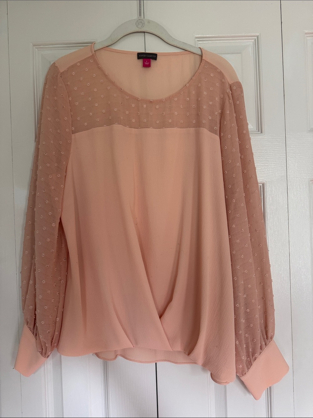 Vince Camuto Blush Peach Sheer-Dot Long Sleeve Blouse